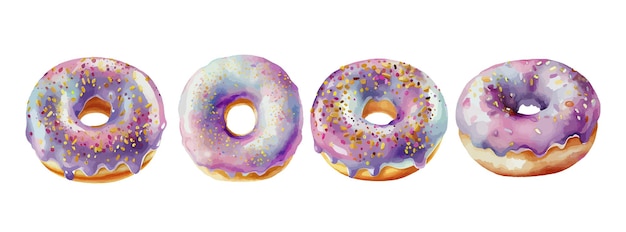 Colección de deliciosos donuts de acuarela Comida de postre dulce vintage para ilustración de vector de imágenes prediseñadas de donut de cumpleaños