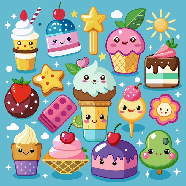 Una colección de deliciosos postres de dibujos animados que incluyen pasteles, helados, pasteles y piruletas.