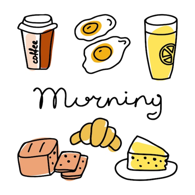 Colección de desayuno matutino con café jugo de naranja huevos croissants tostadas y pastel en un