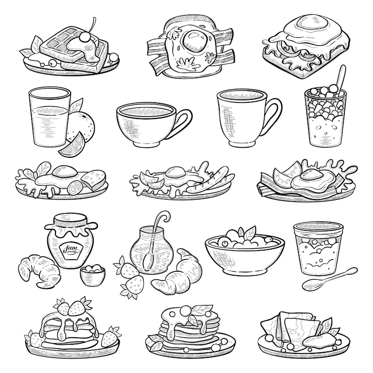 Vector colección de desayunos de comida en estilo dibujado a mano