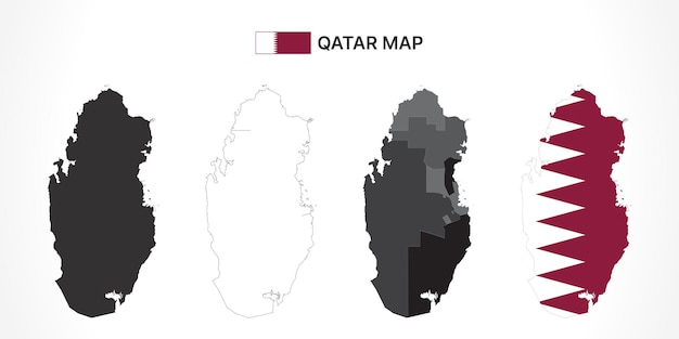 Colección detallada de mapas de Qatar con siluetas de municipios y variaciones de superposición de banderas