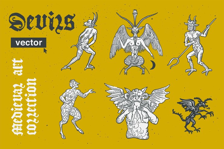Vector colección de diablos ilustración de estilo de grabado vectorial arte medieval con caligrafía negra