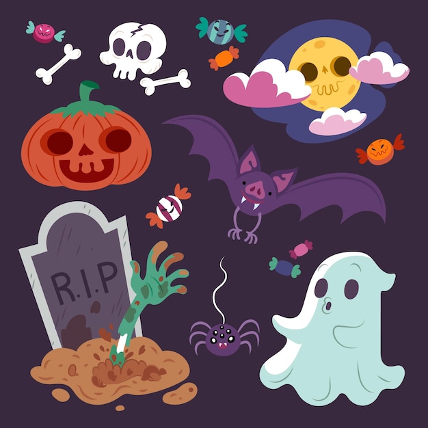 Colección dibujada de elementos de halloween
