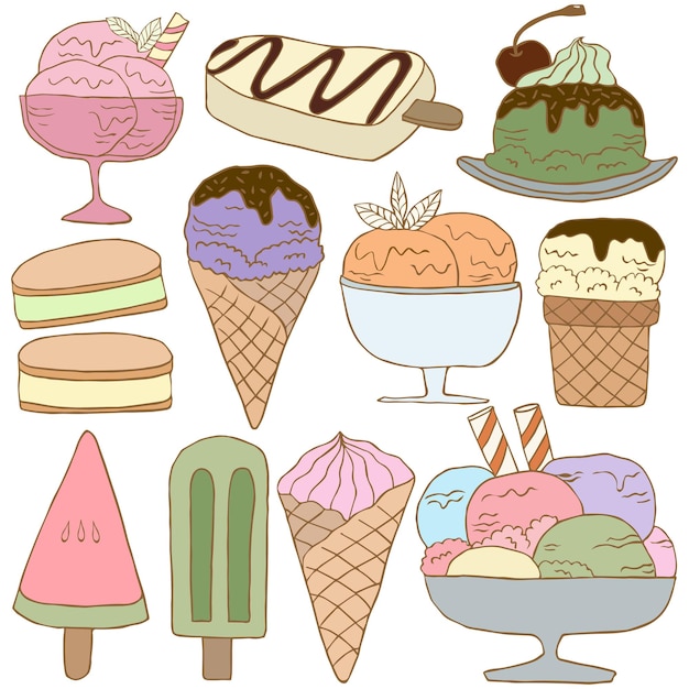 Vector colección dibujada a mano de deliciosos helados para el concepto de verano