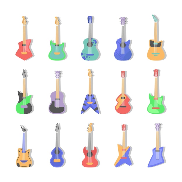 colección dibujada a mano de guitarras acústicas y eléctricas