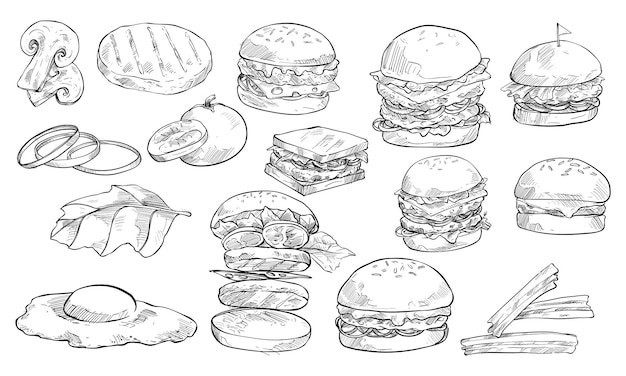 Colección dibujada a mano de ingredientes para hamburguesas