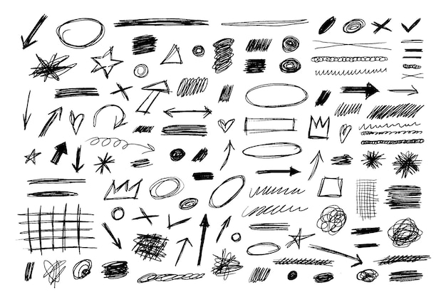 Colección dibujada a mano lápiz lápiz carbón simple elementos dibujos ovalados líneas flechas resaltos