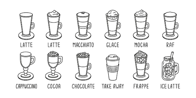 Colección dibujada a mano del menú de la cafetería con glace latte macchiato mocha raf para llevar el café doodle