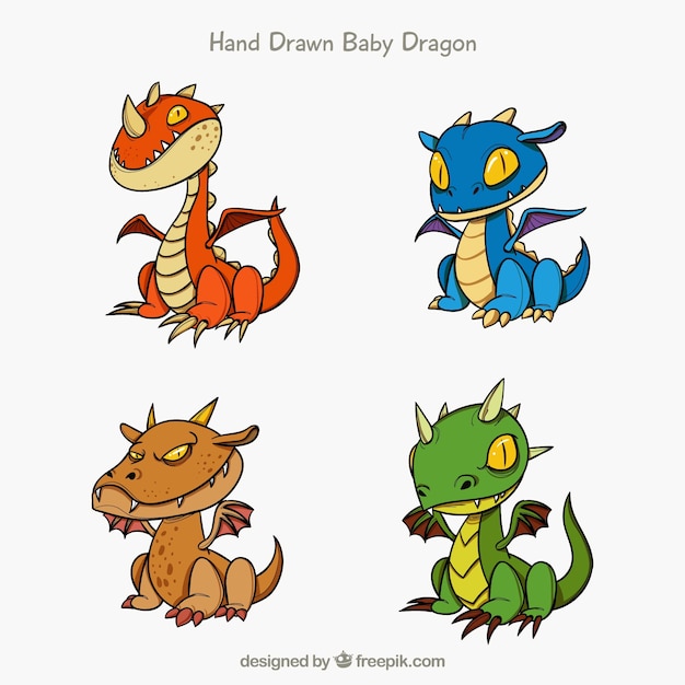 Vector colección dibujada a mano de personajes de dragones bebés