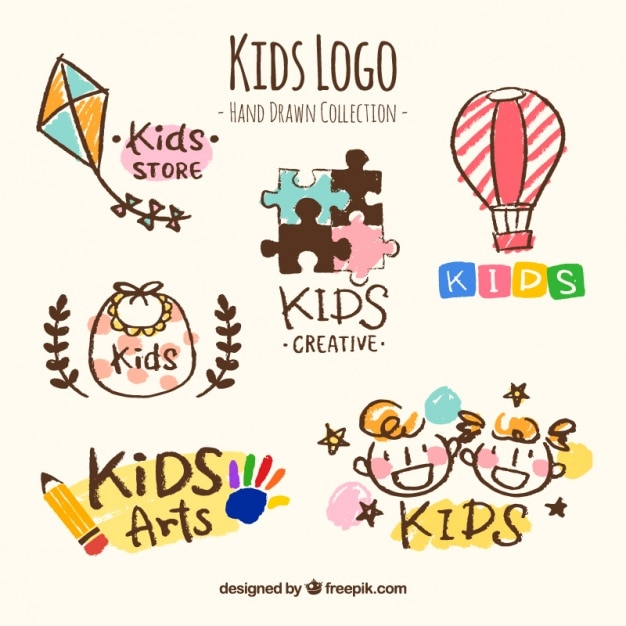 Colección dibujada a mano de seis logos para niños