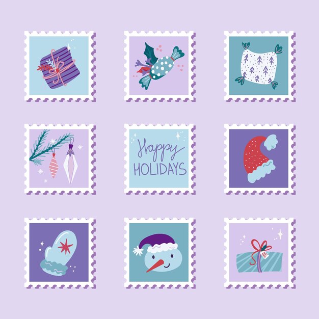 Colección dibujada a mano de sellos postales de navidad en estilo de dibujos animados