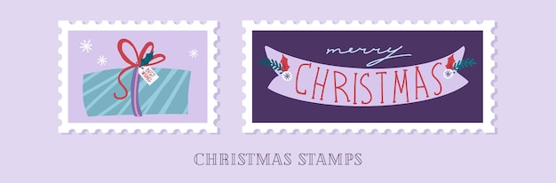 Colección dibujada a mano de sellos postales de navidad en estilo de dibujos animados