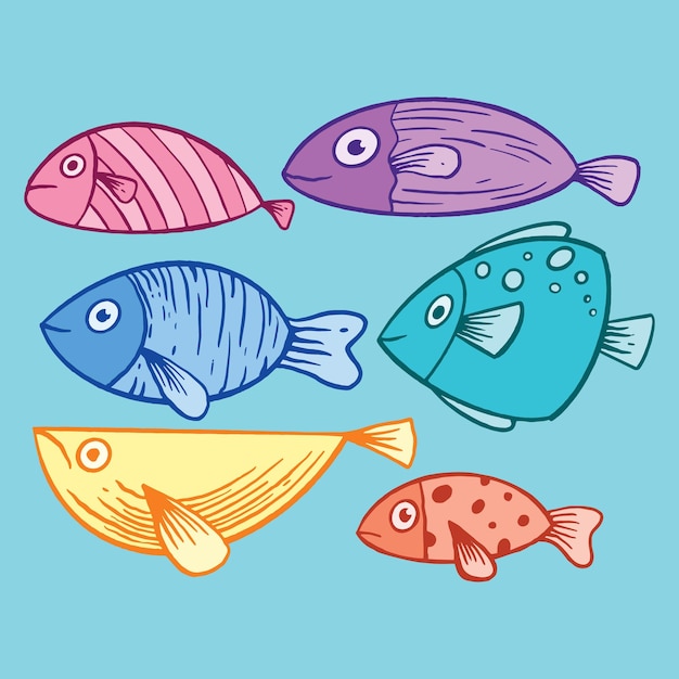 colección dibujado a mano pescado doodle niños ilustración para pegatinas póster, etc.