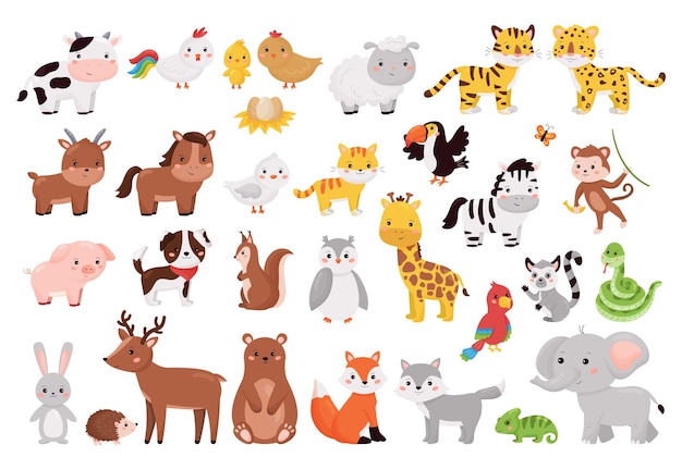 Vector colección de dibujos animados de animales y aves.