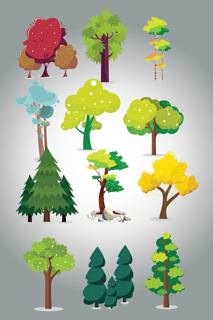 Colección de dibujos animados Árboles aislados en fondo blanco Hojas de colores