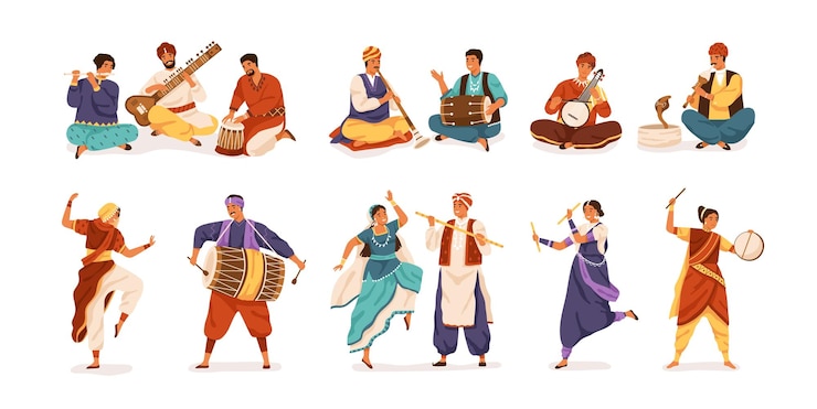Vector colección de dibujos animados de artistas callejeros indios vector ilustración plana. conjunto de músicos y bailarines sonrientes aislados de fondo blanco. personajes con vestimenta tradicional tocando instrumentos.