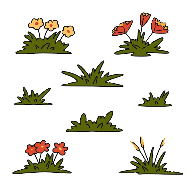 Colección de dibujos animados de bonitos arbustos de hierba y arbustos de flores conjunto de ilustraciones vectoriales de verano