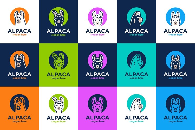 Vector colección de dibujos animados de cabeza de animal de alpaca plantilla de diseño de logotipo