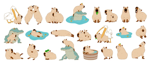 Colección de dibujos animados de capibara Diseño de personajes con colores planos en varias poses