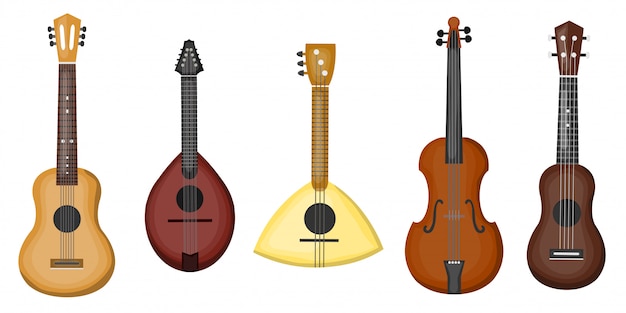 Vector colección de dibujos animados con diferentes tipos de guitarras en el fondo blanco. concepto de música e instrumentos musicales.