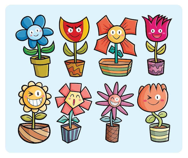 Colección de dibujos animados divertidos personajes de flores de colores