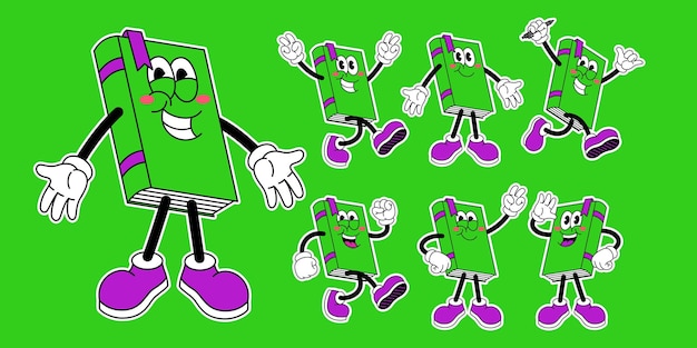 Colección de dibujos animados de Happy Book en estilo retro