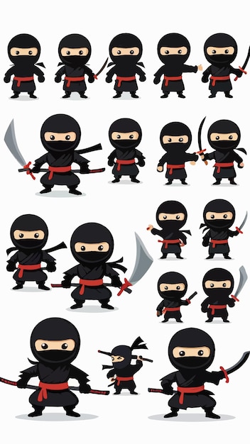 Una colección de dibujos animados de ninjas con vector de ilustración