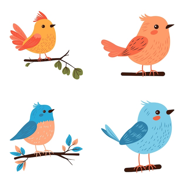 Colección de dibujos animados de pájaros lindos y coloridos en una rama de árbol