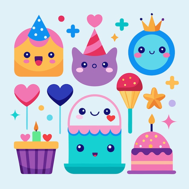 Una colección de dibujos animados de pasteles de cumpleaños con sombreros de fiesta, velas, corazones, estrellas y una corona.