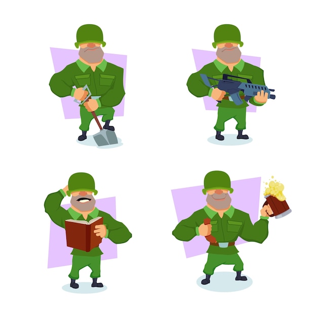 Colección de dibujos animados soldado leyendo libro sosteniendo vaso de cerveza pistola y cavando