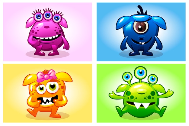 Vector colección de dibujos animados de vector cuatro monstruos bebés lindos