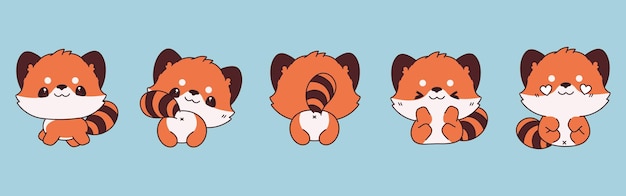 Colección de dibujos animados vectoriales de bebé panda rojo conjunto de ilustraciones de animales aislados de kawaii para