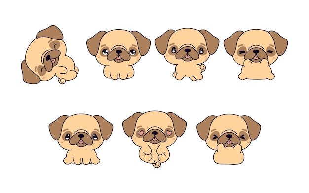 Colección de dibujos animados vectoriales de cachorros de pug conjunto de ilustraciones de animales aislados de kawaii para impresiones