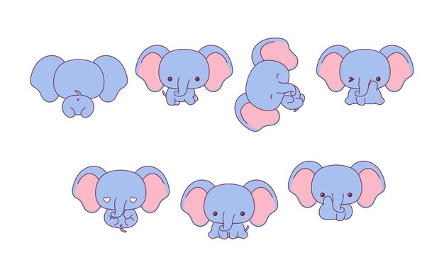 Colección de dibujos animados vectoriales de elefantes conjunto de ilustraciones de animales bebés aislados de kawaii para