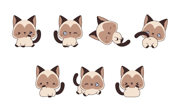 Colección de dibujos animados vectoriales de gatos siameses conjunto de ilustraciones de animales aislados kawaii para impresiones