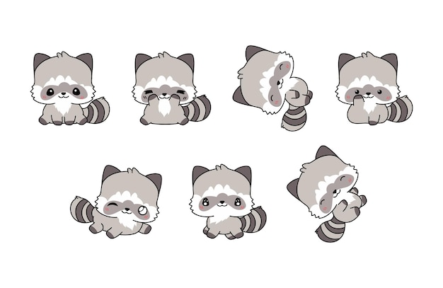 Colección de dibujos animados vectoriales de mapaches conjunto de ilustraciones de animales del bosque aislados de kawaii para