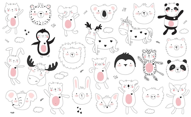 Colección de dibujos animados vectoriales de pegatinas con lindos animales de garabato y frase de letras de motivación