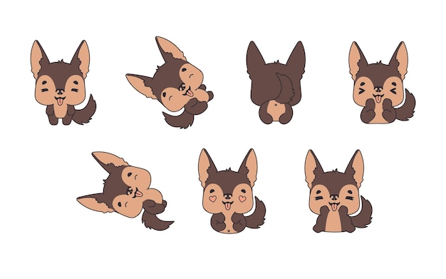 Colección de dibujos animados vectoriales de perros pastores alemanes conjunto de ilustraciones de animales aislados de kawaii para