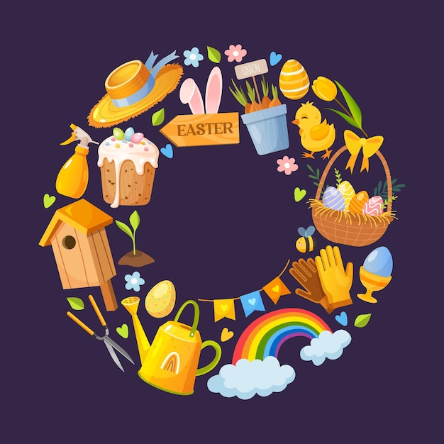 Colección de dibujos animados vectoriales de símbolos de Pascua en forma de círculo incluye huevos pintados de colores