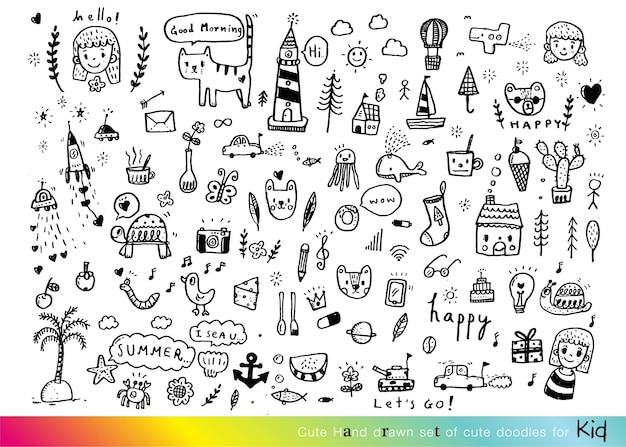 Colección de dibujos bonitos dibujados a mano. Niños dibujando dibujos animados de animales bonitos. Todos los dibujos.