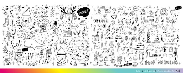 Colección de dibujos bonitos dibujados a mano. Niños dibujando dibujos animados de animales bonitos. Todos los dibujos.