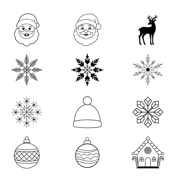 Colección de dibujos de ClipArt de Navidad Ilustración vectorial de Feliz Navidad en negro y blanco