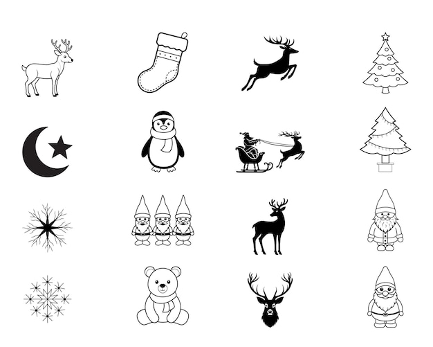 Colección de dibujos de ClipArt de Navidad Ilustración vectorial de Feliz Navidad en negro y blanco