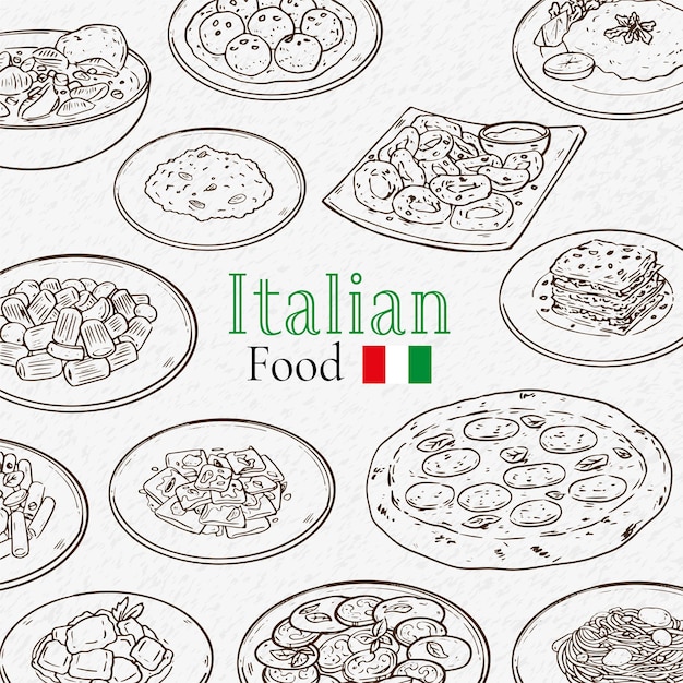 Colección de dibujos de comida italiana dibujados a mano dibujando ilustraciones de comida