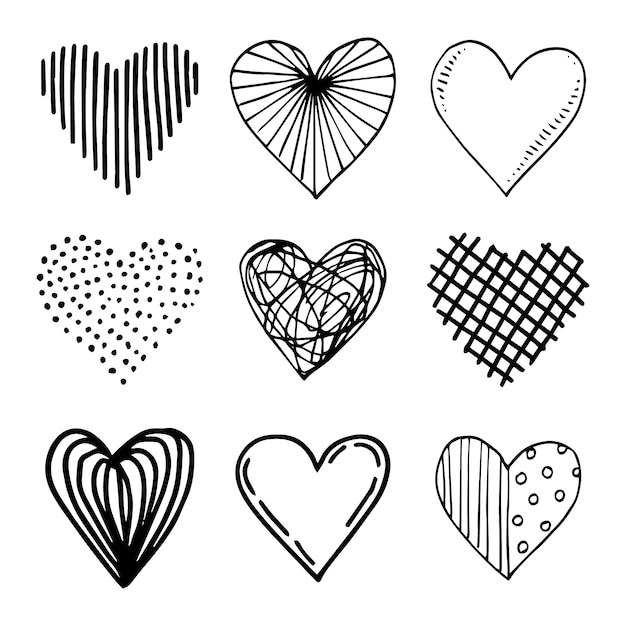 Vector colección de dibujos de corazones dibujados a mano de doodle