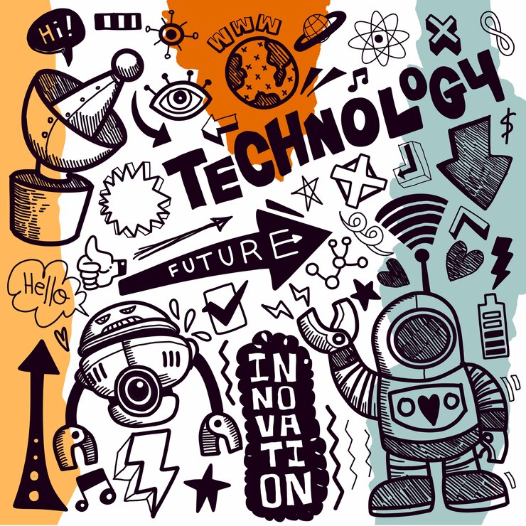 Vector colección de dibujos de doodle de tecnología.ilustraciones de doodle dibujadas a mano en estilo de dibujos animados.