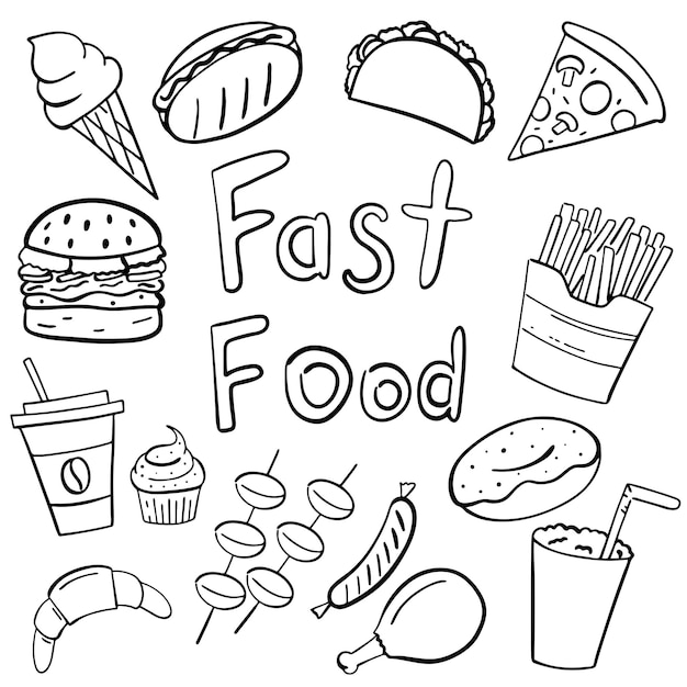 Colección de dibujos de garabatos de comida rápida Alimentos como pizza, hamburguesas, rosquillas, café, croissants, etc. Ilustraciones de garabatos vectoriales dibujadas a mano aisladas sobre un fondo blanco