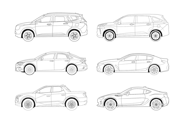 Colección de dibujos de líneas en blanco y negro de automóviles ilustración Esquema de automóviles vehículo modelo de automóvil