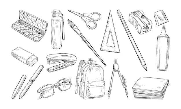Colección de dibujos a mano de artículos escolares esenciales