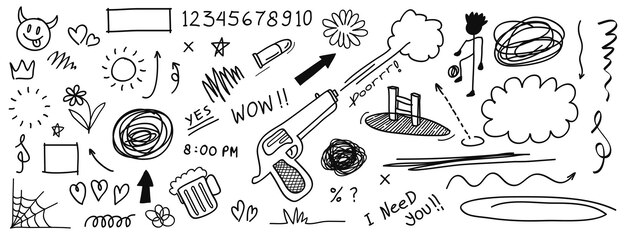 La colección de dibujos a mano de Doodle Grunge incluye graffiti, grabados groovy, signos y símbolos.